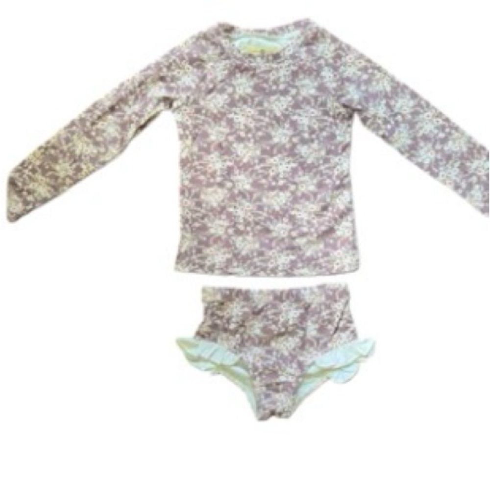 Girls Long Sleeve Floral Rashguard Set in Lavender - Cute Ruffle Swim Bottoms